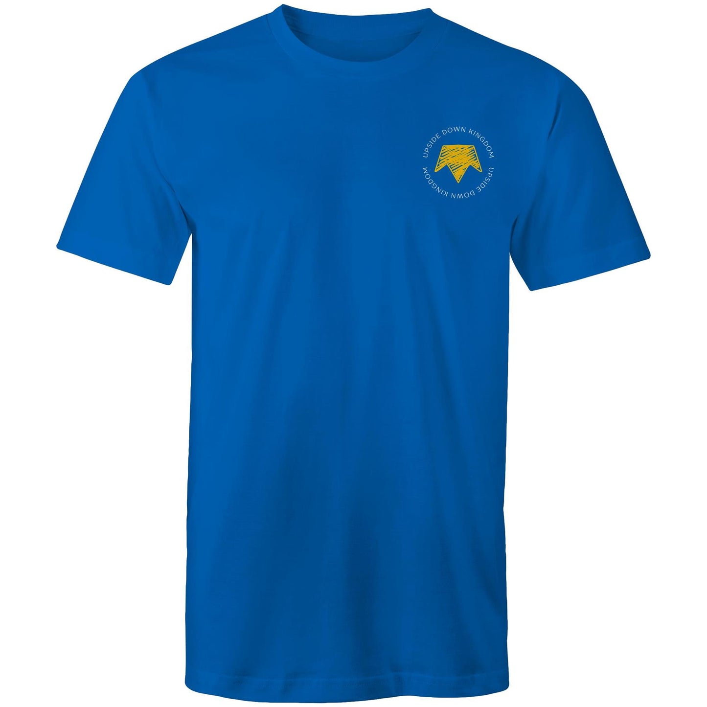 Christian t-shirt with left pocket print reading 'Upside Down Kingdom' and a yellow upside-down crown — minimalist faith-based design by Lighthouse Christian Clothing.