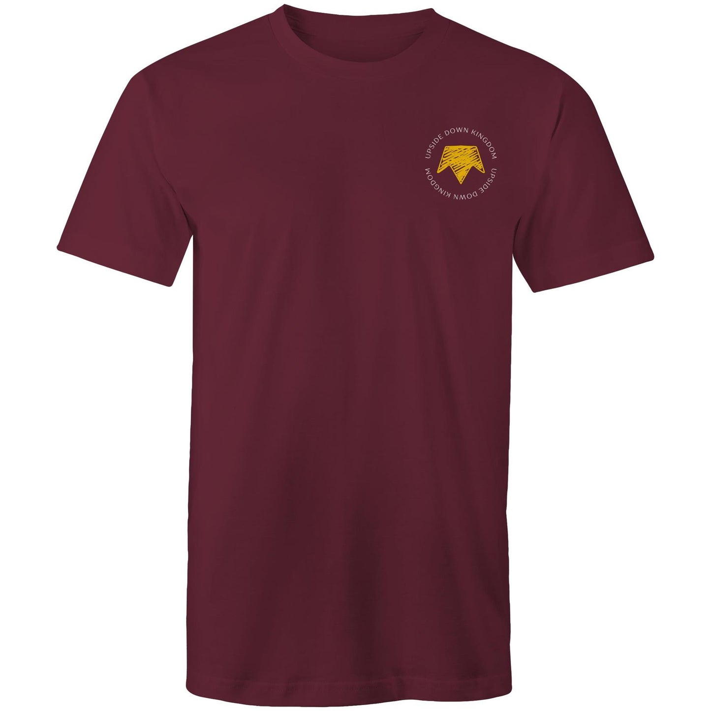 Christian t-shirt with left pocket print reading 'Upside Down Kingdom' and a yellow upside-down crown — minimalist faith-based design by Lighthouse Christian Clothing.