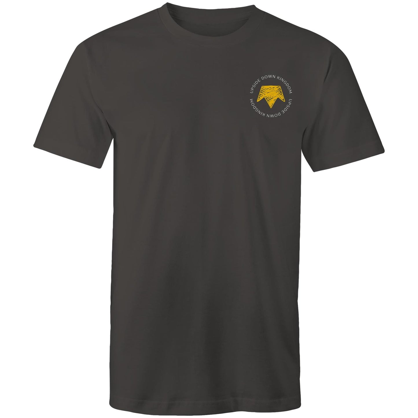 Christian t-shirt with left pocket print reading 'Upside Down Kingdom' and a yellow upside-down crown — minimalist faith-based design by Lighthouse Christian Clothing.