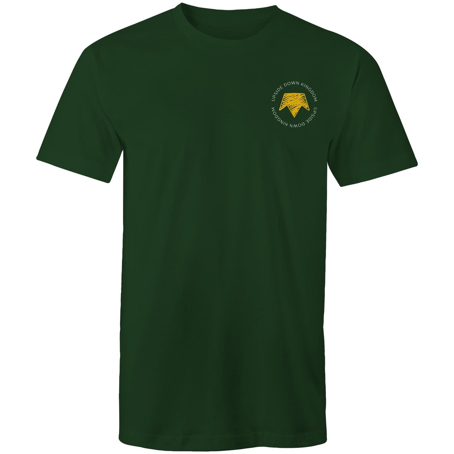 Christian t-shirt with left pocket print reading 'Upside Down Kingdom' and a yellow upside-down crown — minimalist faith-based design by Lighthouse Christian Clothing.