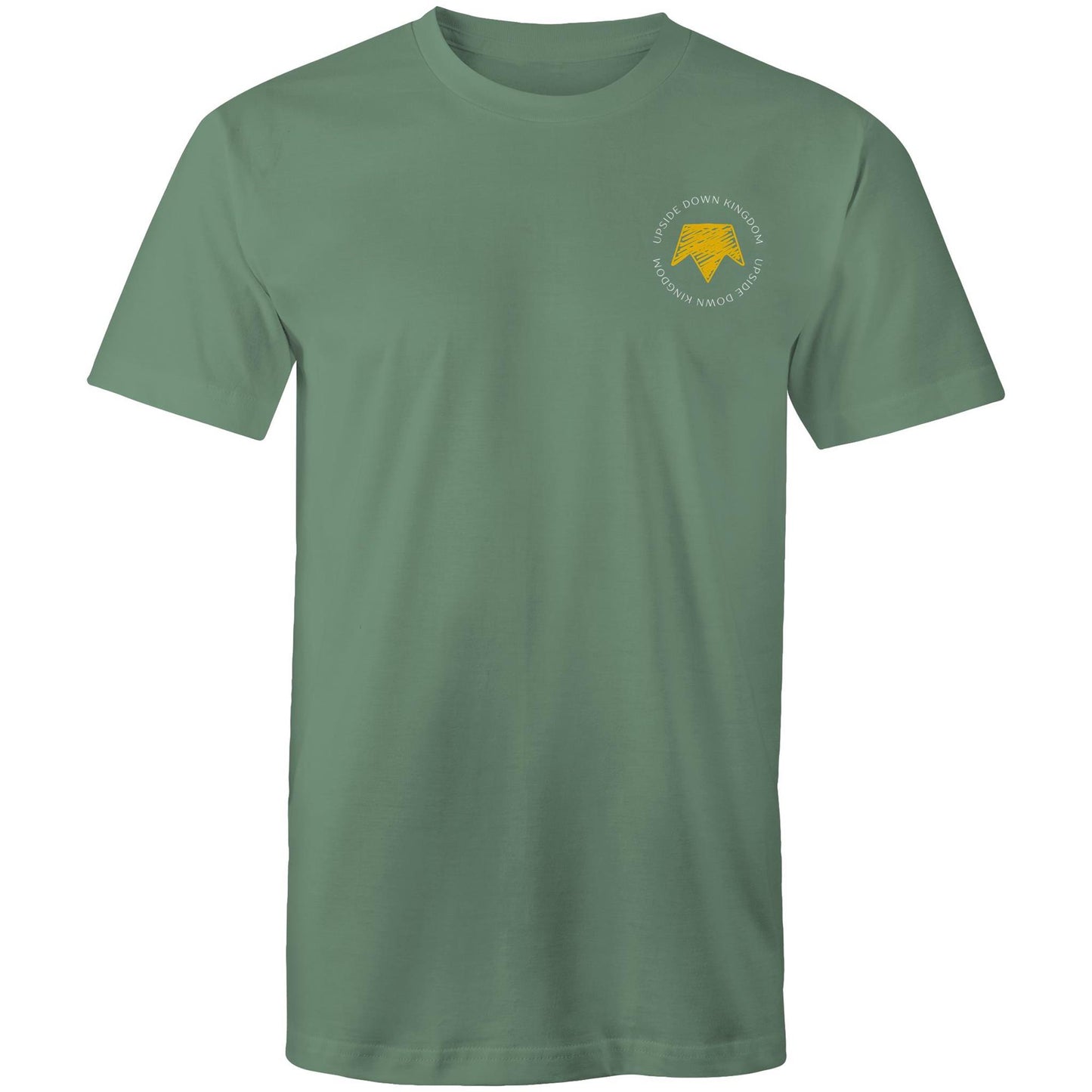 Christian t-shirt with left pocket print reading 'Upside Down Kingdom' and a yellow upside-down crown — minimalist faith-based design by Lighthouse Christian Clothing.