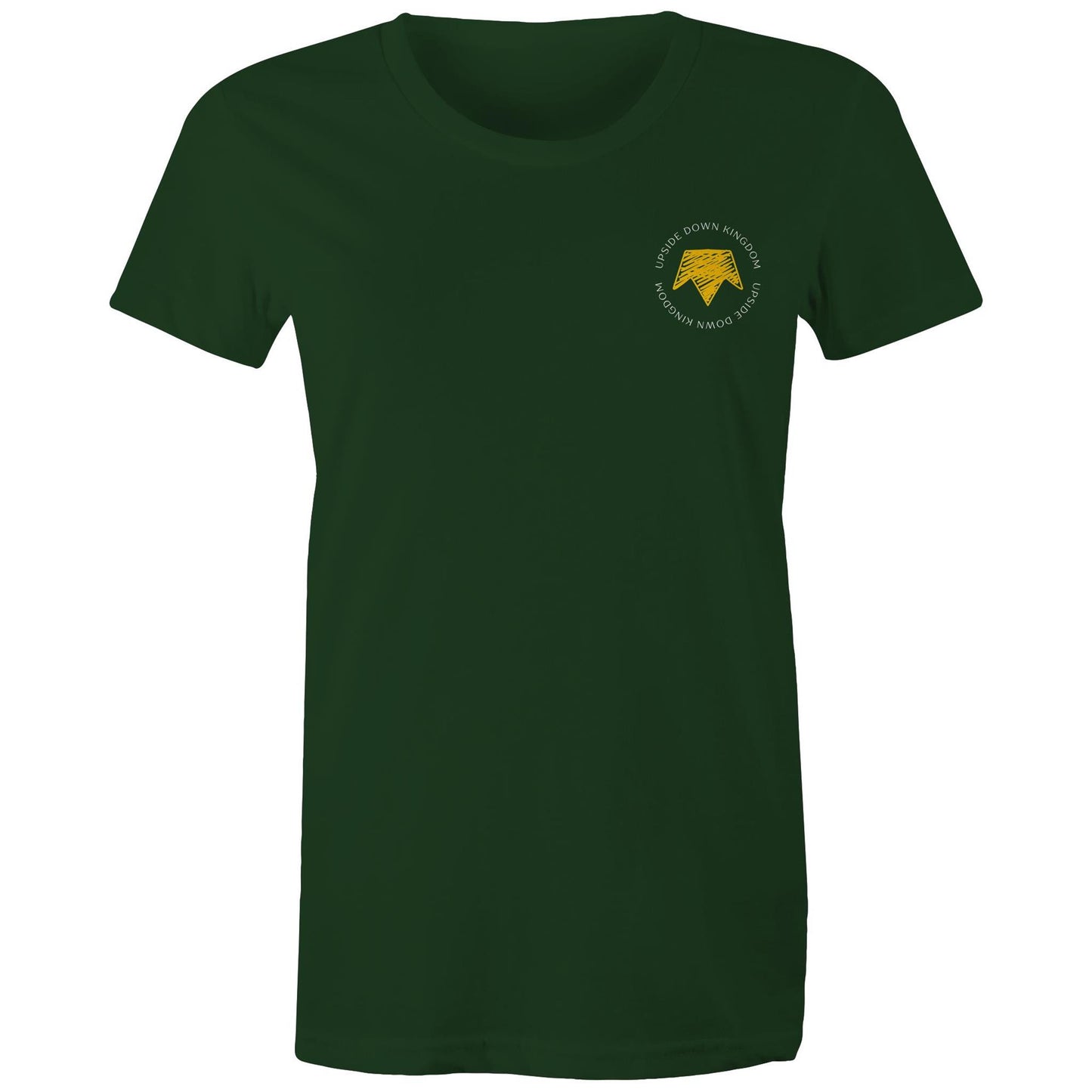 Christian t-shirt with left pocket print reading 'Upside Down Kingdom' and a yellow upside-down crown — minimalist faith-based design by Lighthouse Christian Clothing.