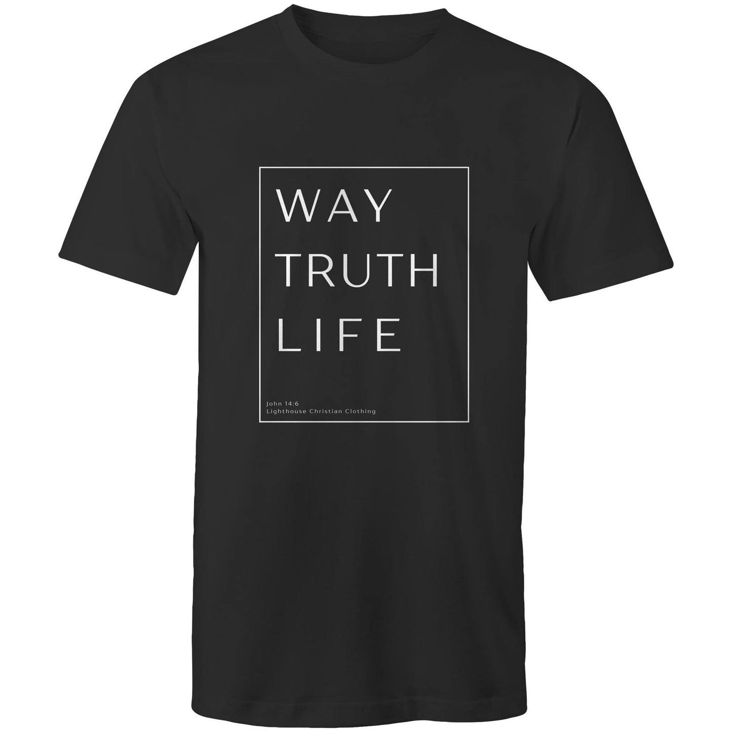 Christian t-shirt with 'Way Truth Life' Bible verse design from John 14:6 – minimalist faith-based apparel by Lighthouse Christian Clothing.