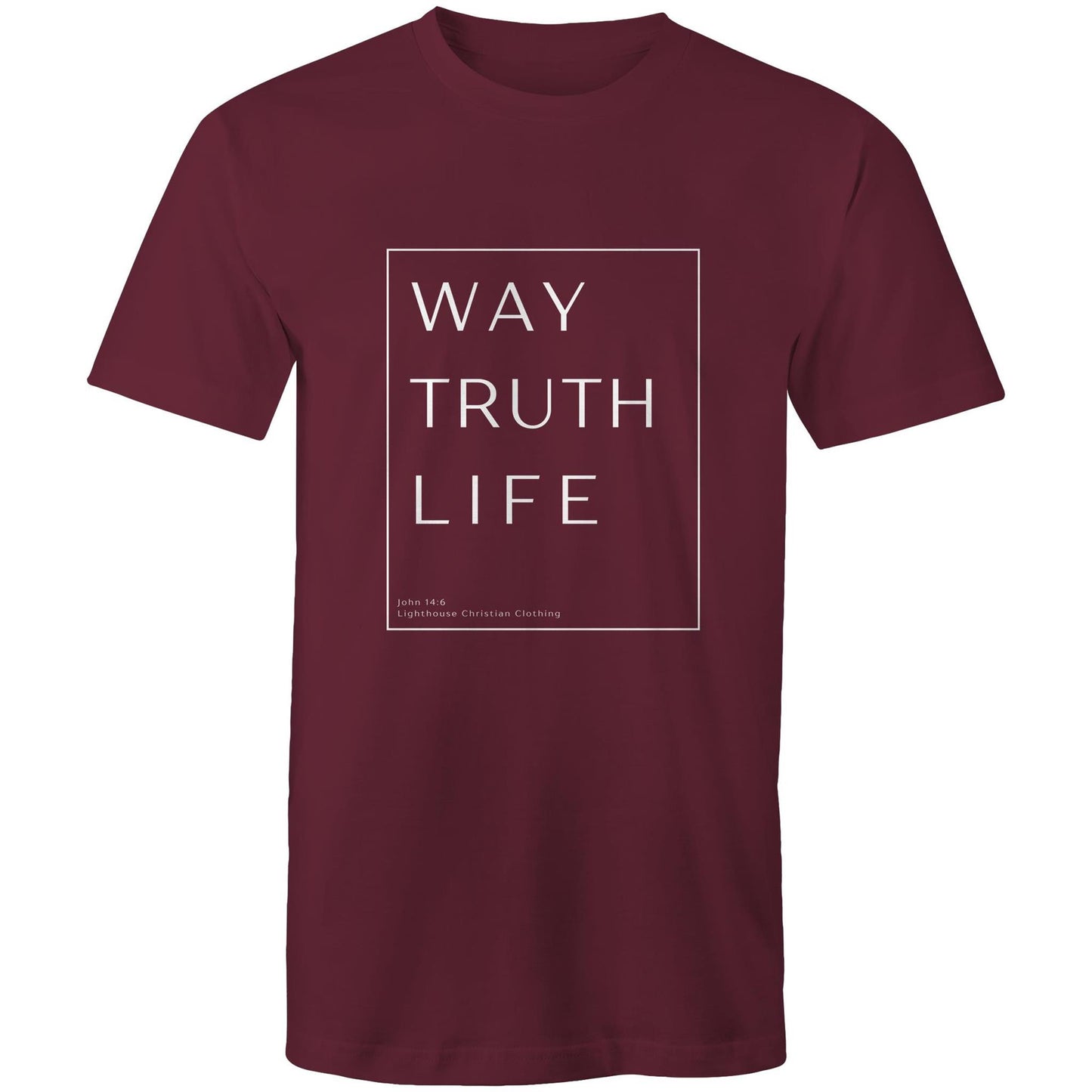 Christian t-shirt with 'Way Truth Life' Bible verse design from John 14:6 – minimalist faith-based apparel by Lighthouse Christian Clothing.