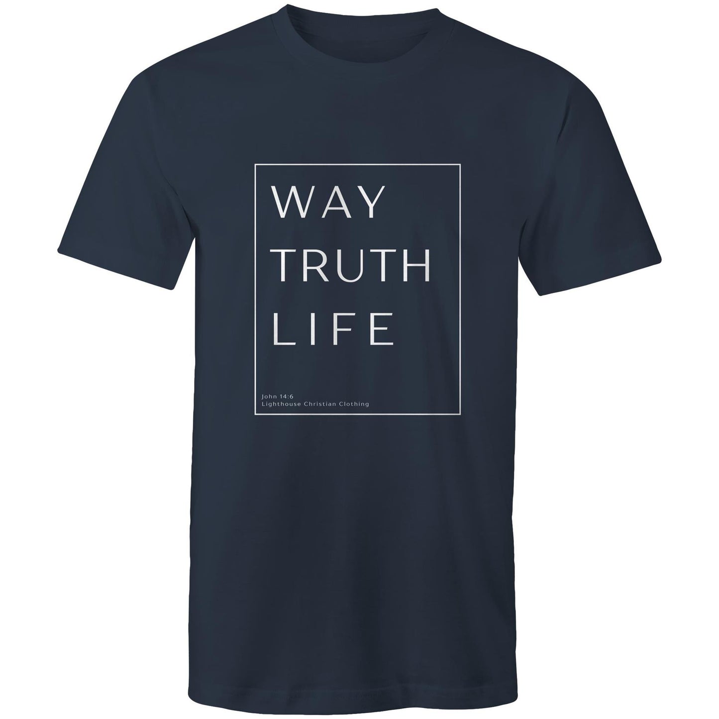 Christian t-shirt with 'Way Truth Life' Bible verse design from John 14:6 – minimalist faith-based apparel by Lighthouse Christian Clothing.