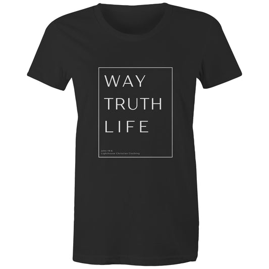 Christian t-shirt with 'Way Truth Life' Bible verse design from John 14:6 – minimalist faith-based apparel by Lighthouse Christian Clothing.