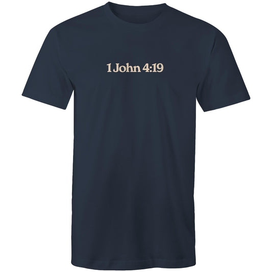 Minimalist Christian t-shirt front design featuring the verse reference “1 John 4:19”. Created by Lighthouse Christian Clothing to express faith with subtlety and purpose.