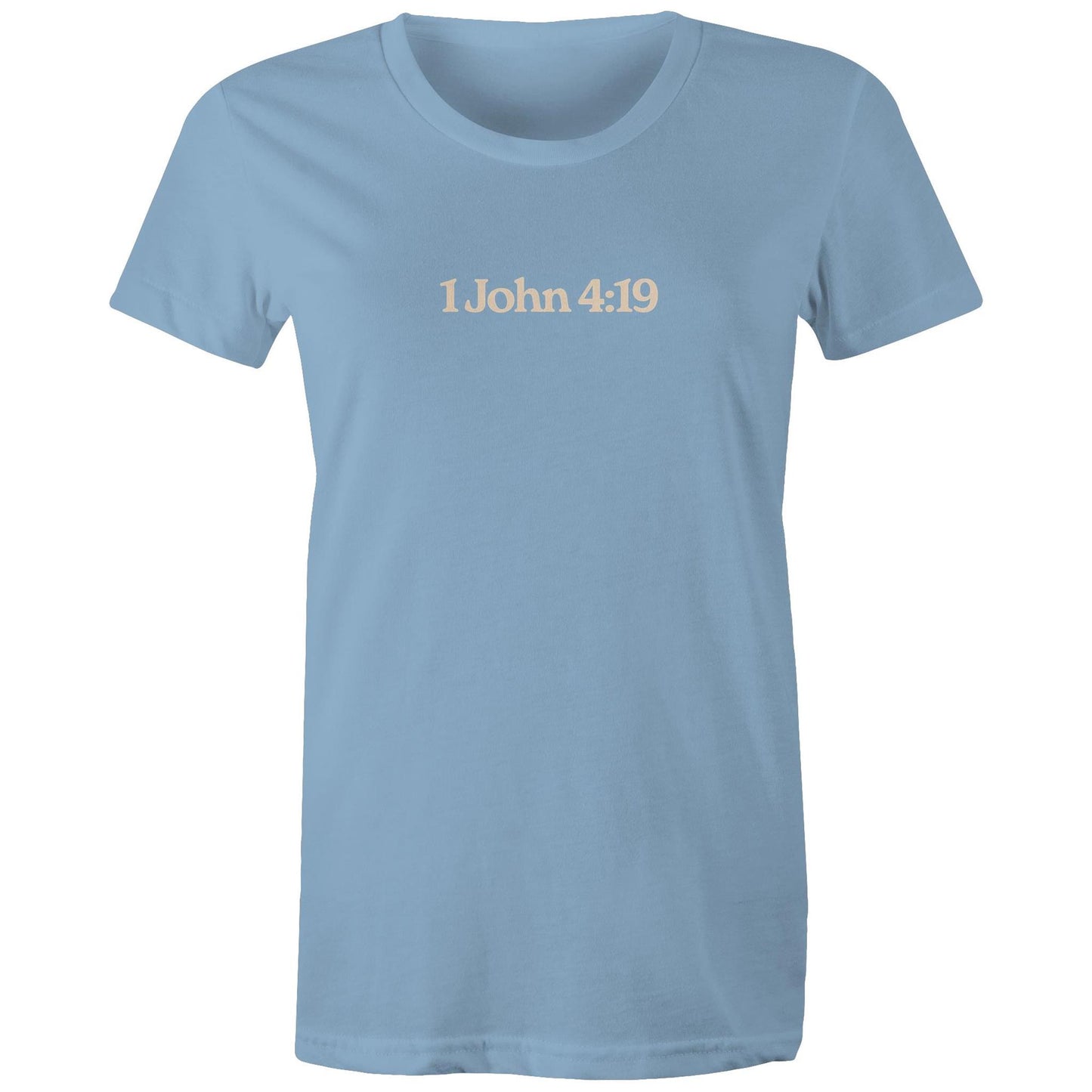 Minimalist Christian t-shirt front design featuring the verse reference “1 John 4:19”. Created by Lighthouse Christian Clothing to express faith with subtlety and purpose.
