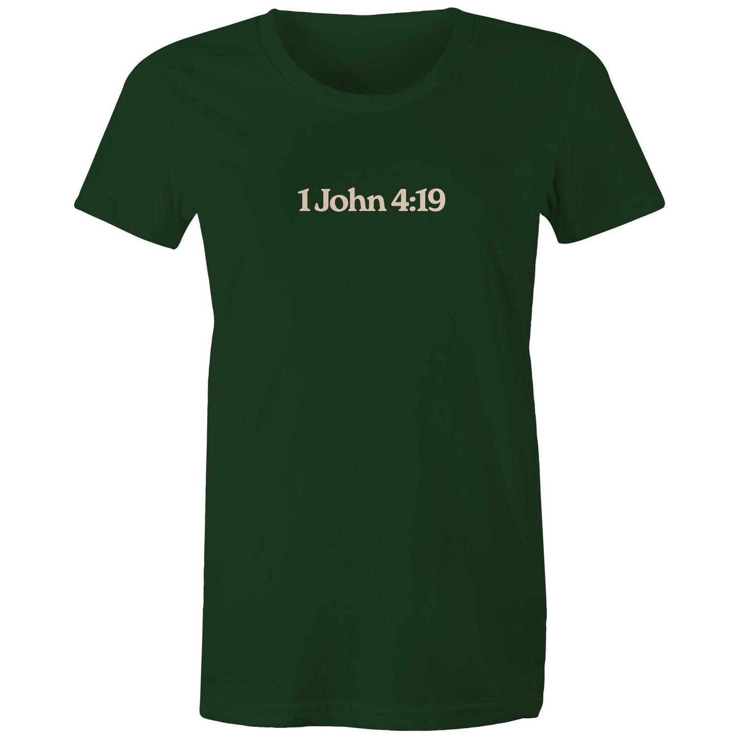 Minimalist Christian t-shirt front design featuring the verse reference “1 John 4:19”. Created by Lighthouse Christian Clothing to express faith with subtlety and purpose.