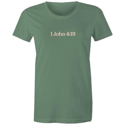Minimalist Christian t-shirt front design featuring the verse reference “1 John 4:19”. Created by Lighthouse Christian Clothing to express faith with subtlety and purpose.