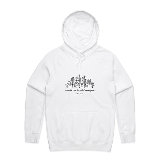Christian hoodie with black wildflower illustration and Bible verse 'Consider how the wildflowers grow – Luke 12:27' — cozy faith-based apparel by Lighthouse Christian Clothing.