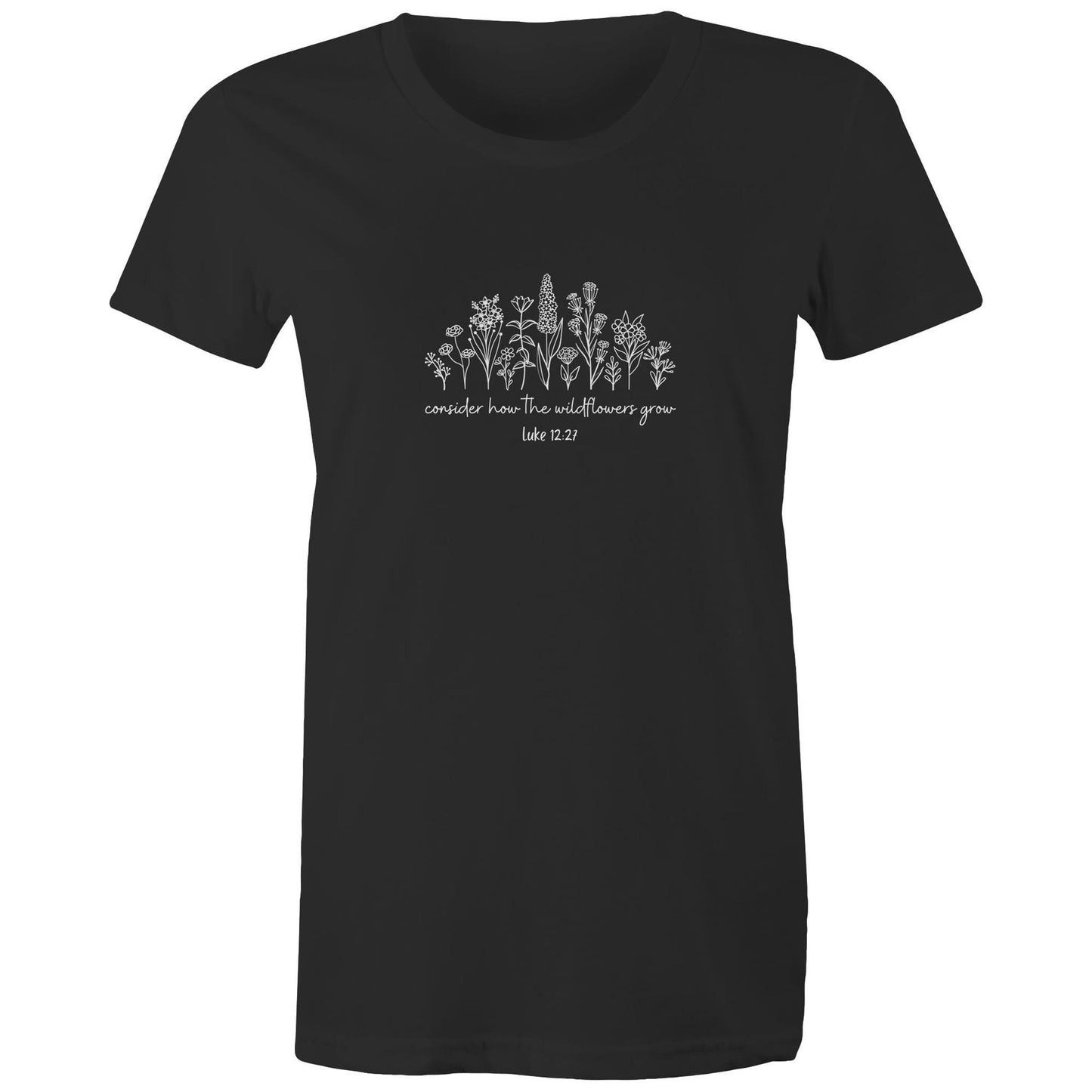 Christian t-shirt featuring white wildflower design with the Bible verse 'Consider how the wildflowers grow – Luke 12:27' — faith-inspired apparel by Lighthouse Christian Clothing.