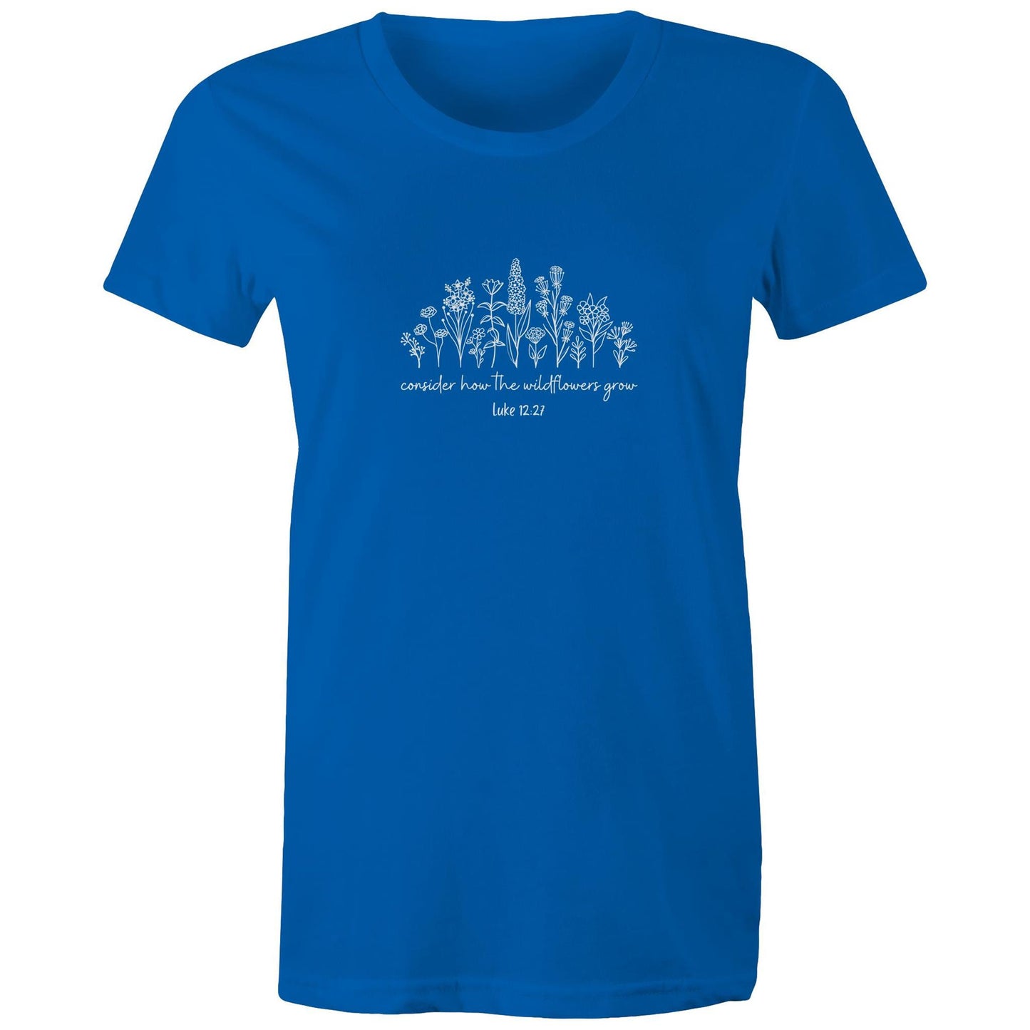 Christian t-shirt featuring white wildflower design with the Bible verse 'Consider how the wildflowers grow – Luke 12:27' — faith-inspired apparel by Lighthouse Christian Clothing.