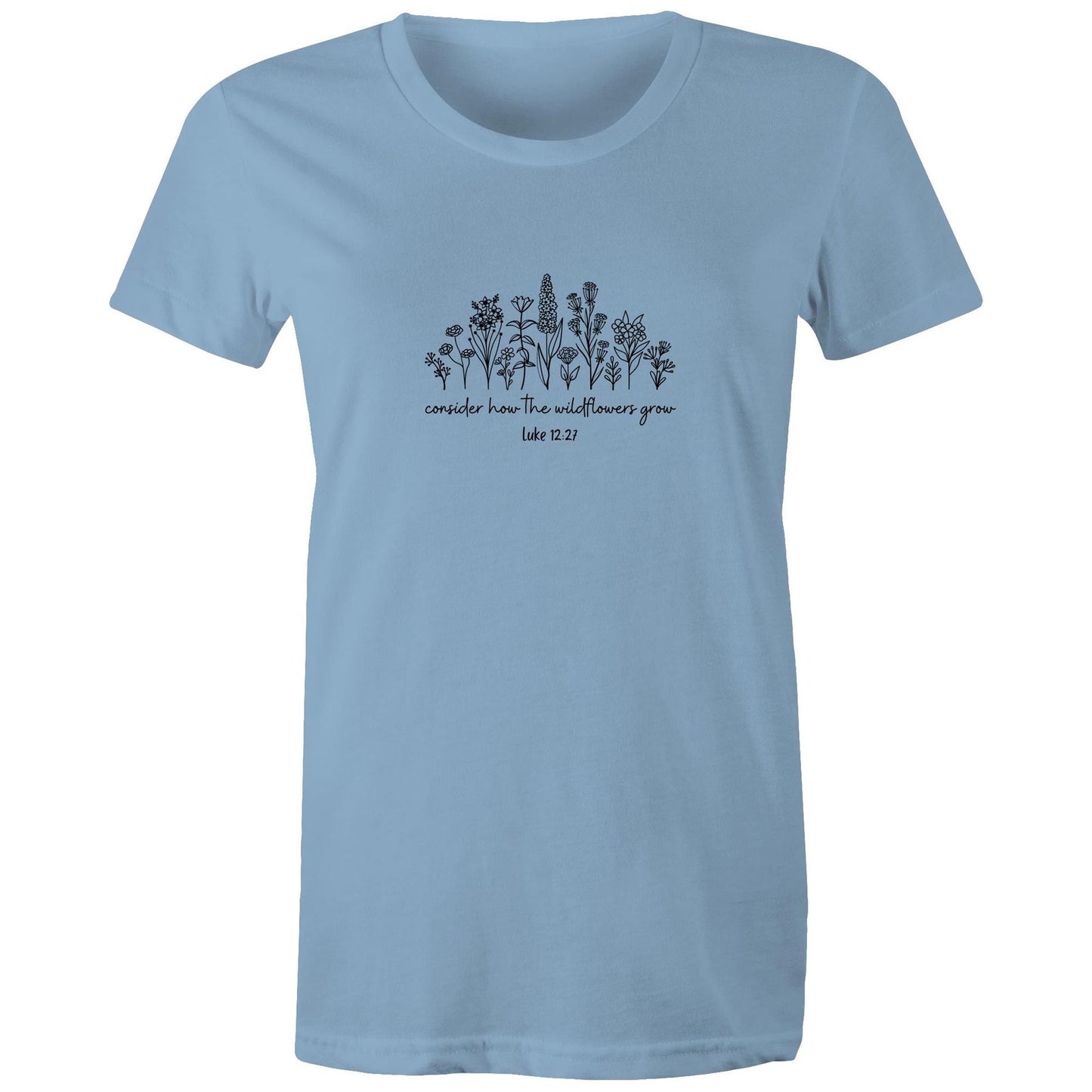 Christian t-shirt featuring black wildflower design with the Bible verse 'Consider how the wildflowers grow – Luke 12:27' — faith-inspired apparel by Lighthouse Christian Clothing.