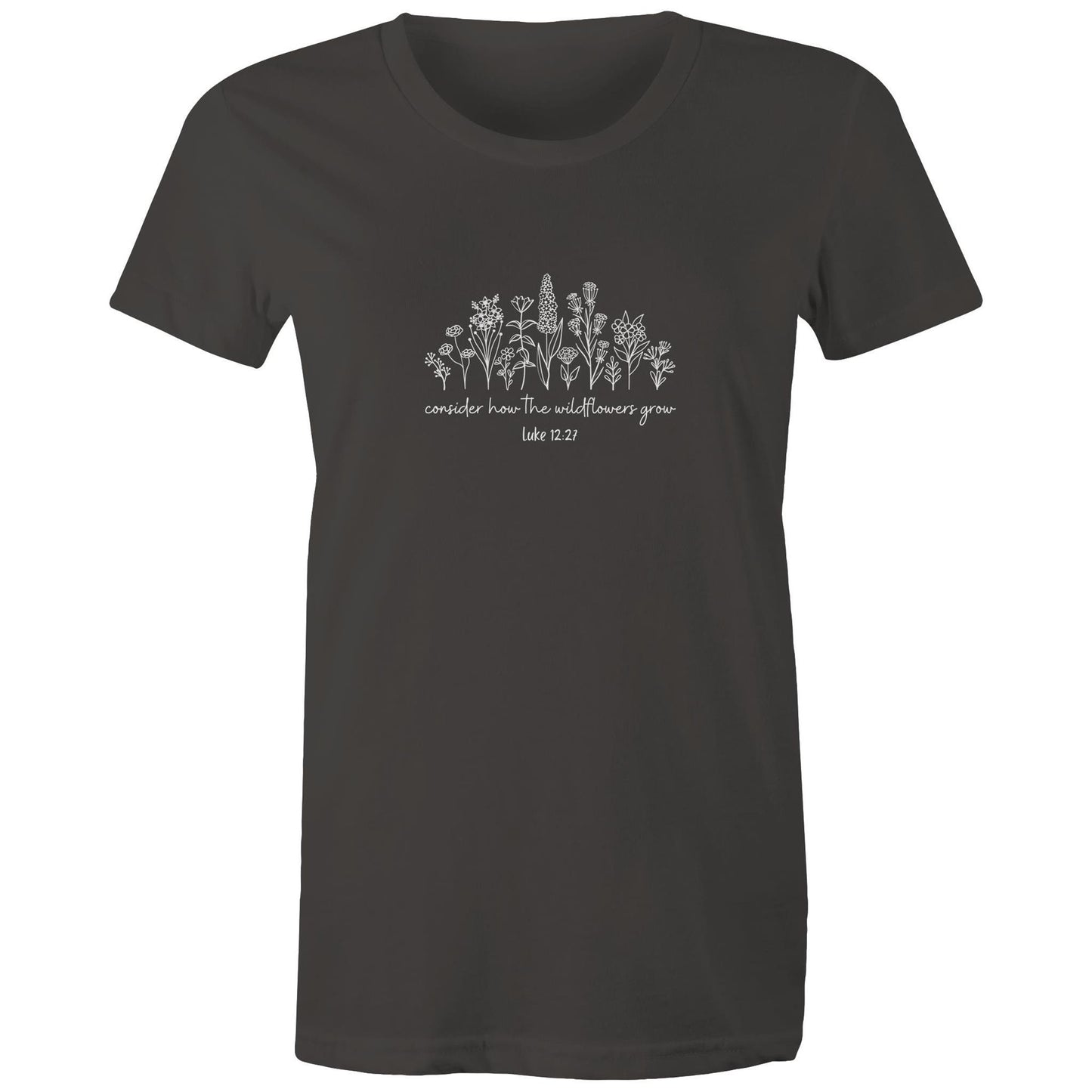 Christian t-shirt featuring white wildflower design with the Bible verse 'Consider how the wildflowers grow – Luke 12:27' — faith-inspired apparel by Lighthouse Christian Clothing.
