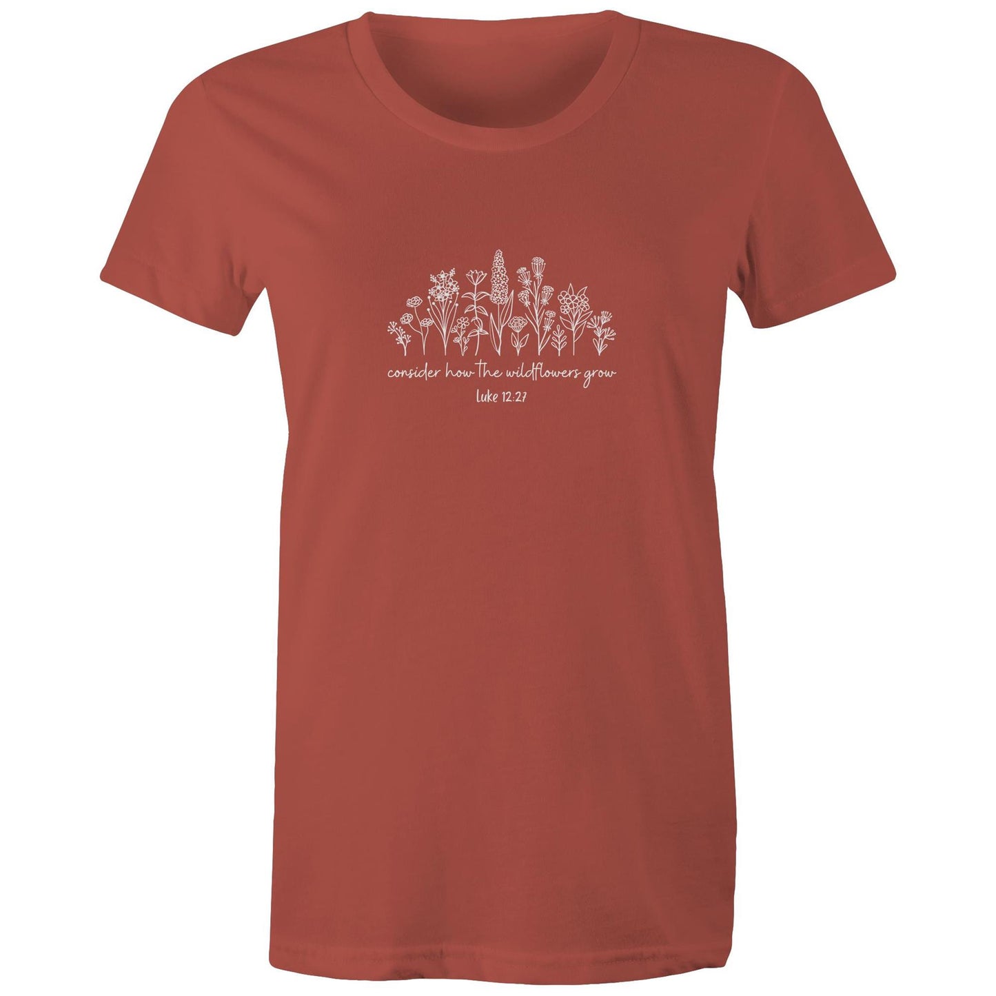 Christian t-shirt featuring white wildflower design with the Bible verse 'Consider how the wildflowers grow – Luke 12:27' — faith-inspired apparel by Lighthouse Christian Clothing.
