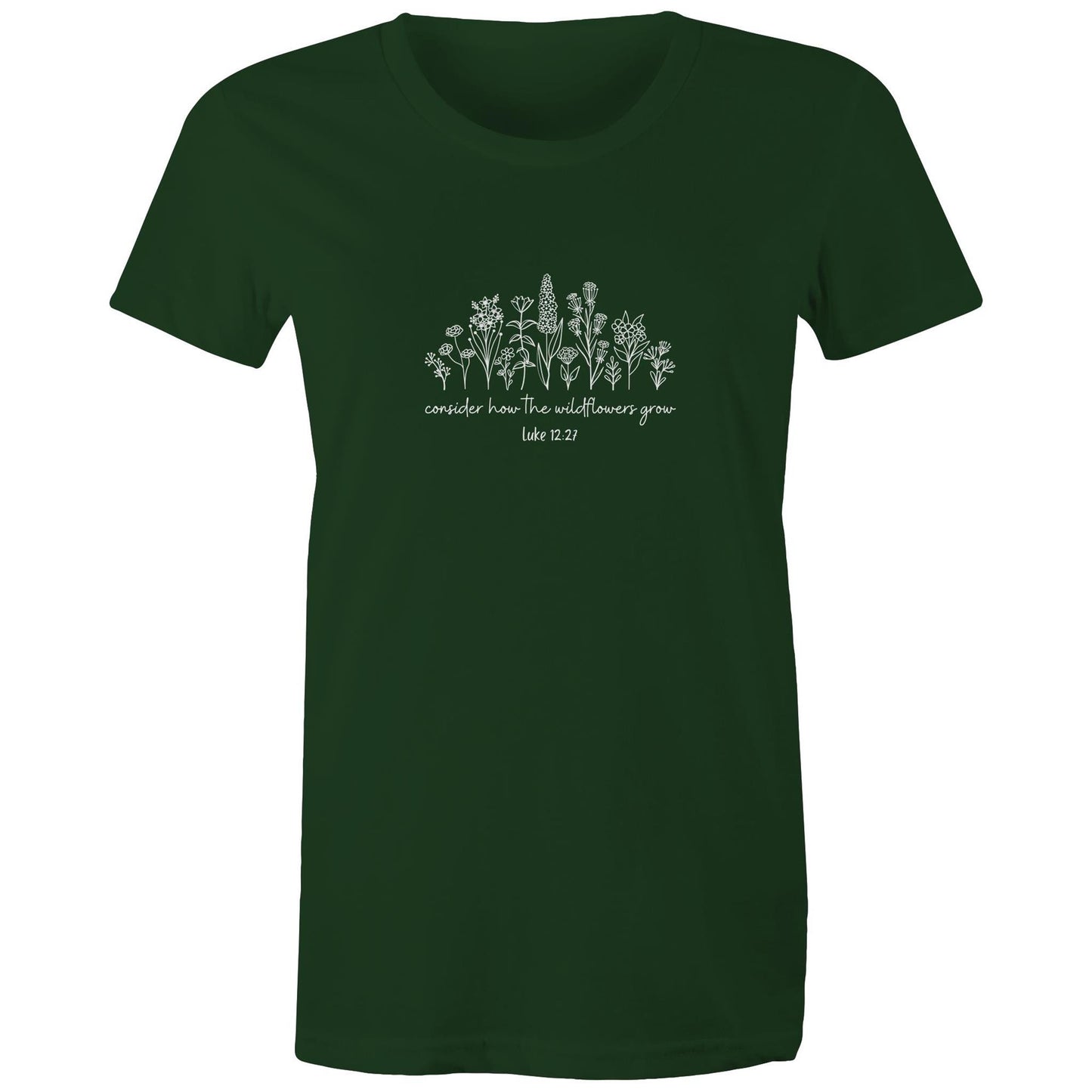 Christian t-shirt featuring white wildflower design with the Bible verse 'Consider how the wildflowers grow – Luke 12:27' — faith-inspired apparel by Lighthouse Christian Clothing.