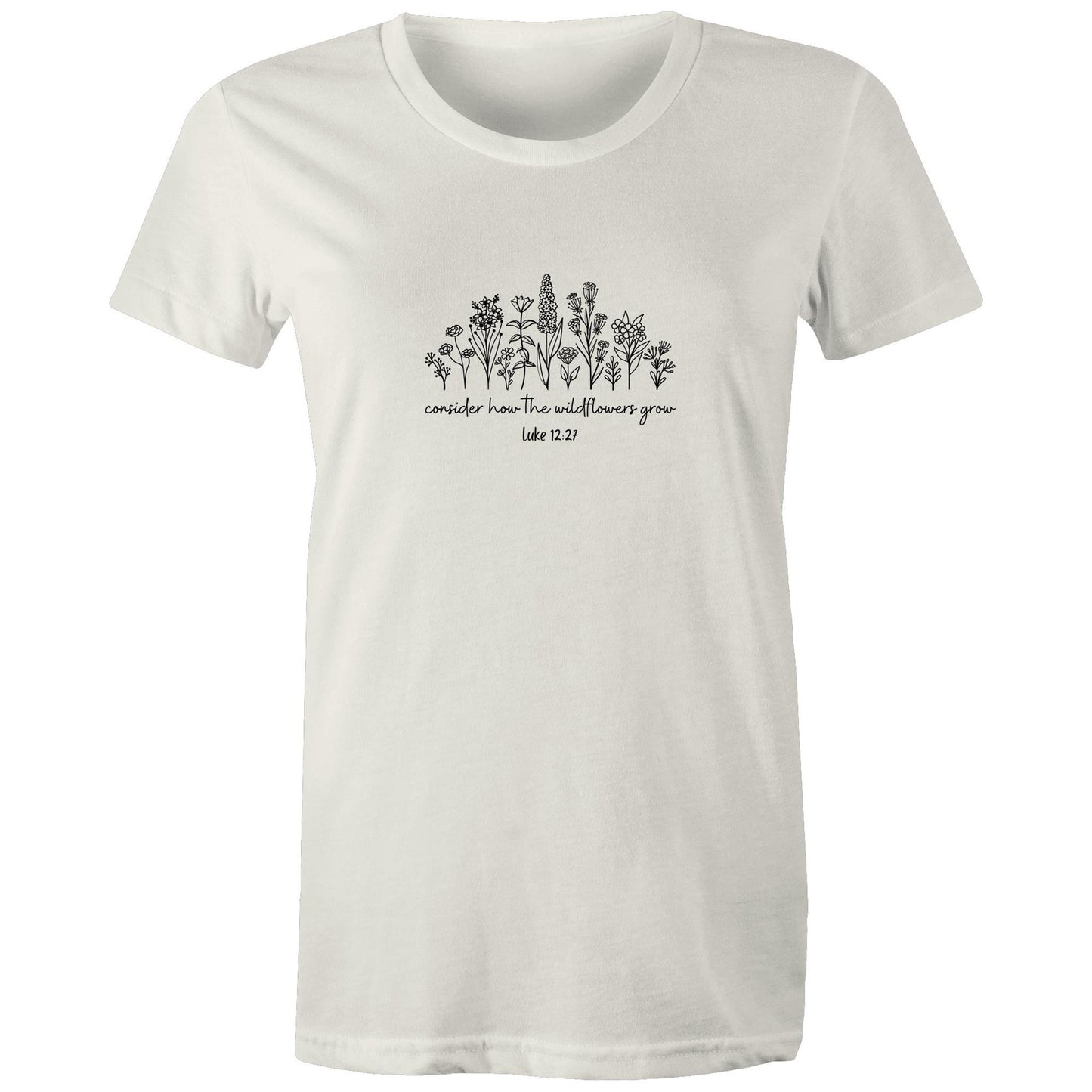 Christian t-shirt featuring black wildflower design with the Bible verse 'Consider how the wildflowers grow – Luke 12:27' — faith-inspired apparel by Lighthouse Christian Clothing.
