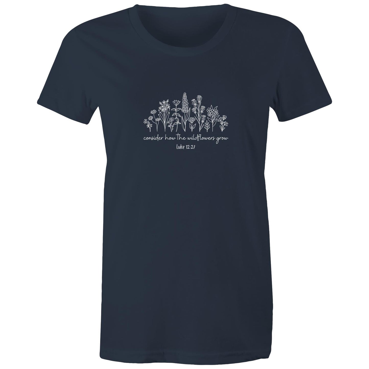 Christian t-shirt featuring white wildflower design with the Bible verse 'Consider how the wildflowers grow – Luke 12:27' — faith-inspired apparel by Lighthouse Christian Clothing.