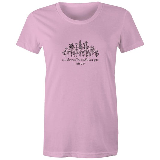 Christian t-shirt featuring black wildflower design with the Bible verse 'Consider how the wildflowers grow – Luke 12:27' — faith-inspired apparel by Lighthouse Christian Clothing.