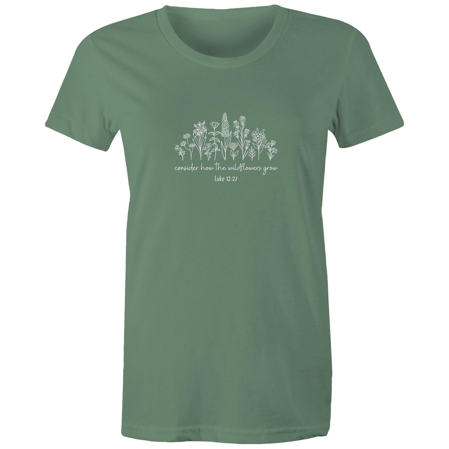Christian t-shirt featuring white wildflower design with the Bible verse 'Consider how the wildflowers grow – Luke 12:27' — faith-inspired apparel by Lighthouse Christian Clothing.