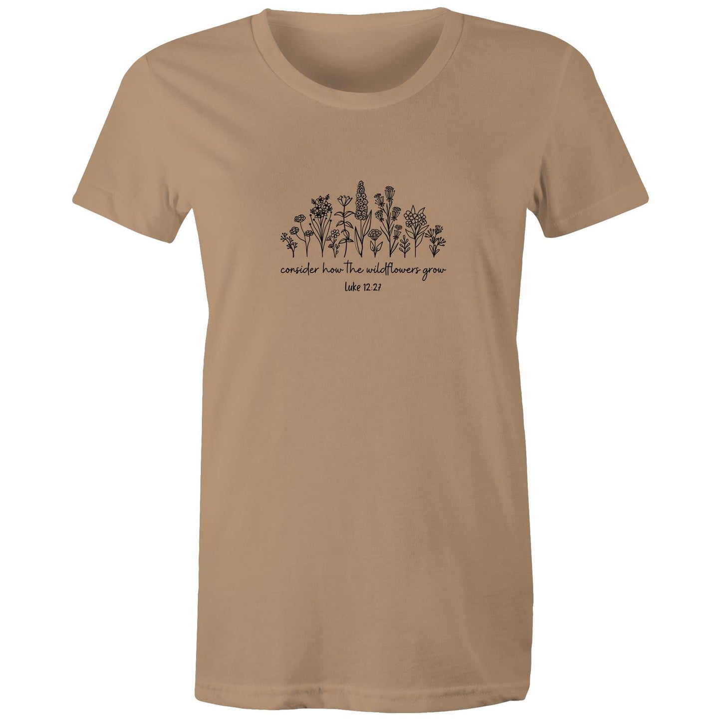 Christian t-shirt featuring black wildflower design with the Bible verse 'Consider how the wildflowers grow – Luke 12:27' — faith-inspired apparel by Lighthouse Christian Clothing.