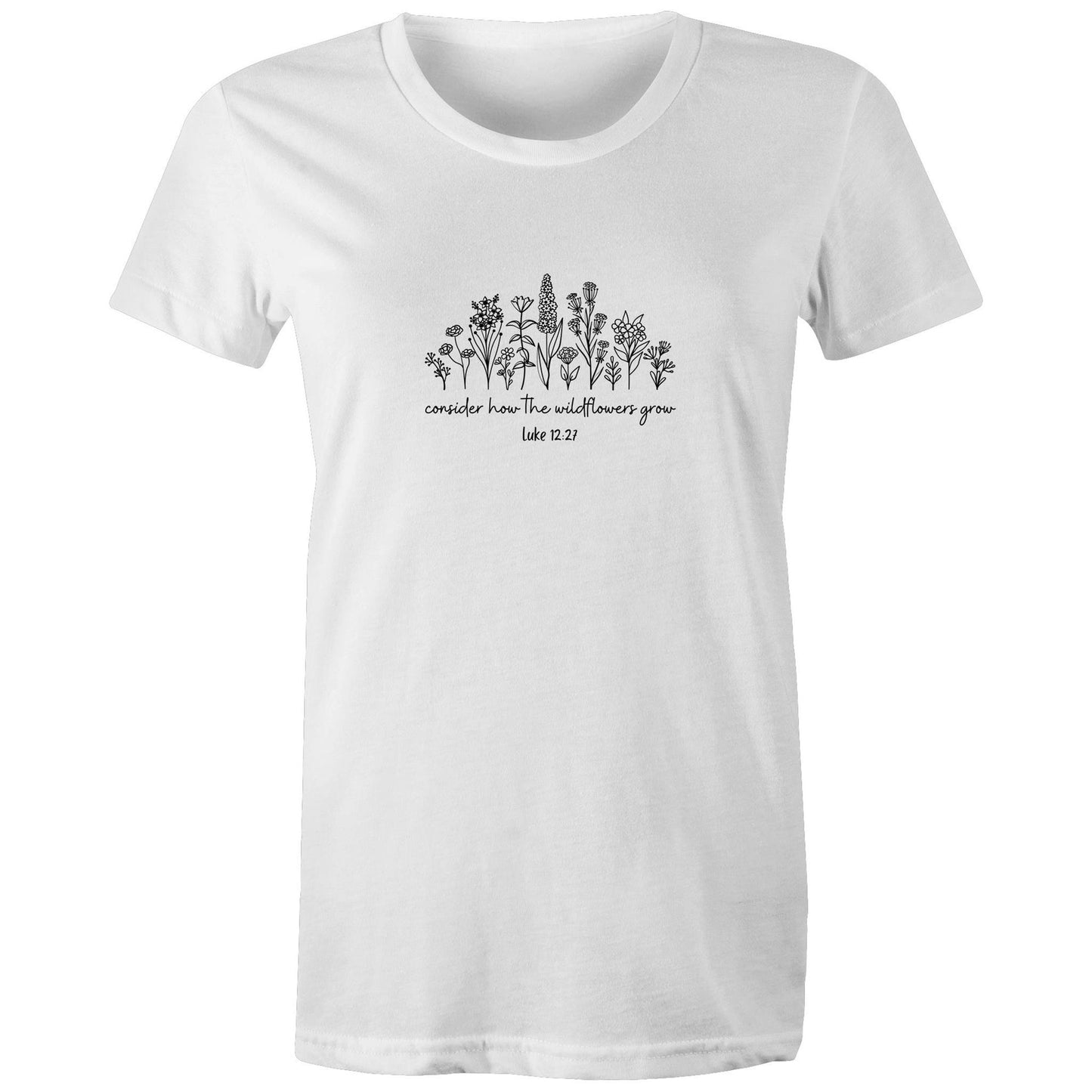 Christian t-shirt featuring black wildflower design with the Bible verse 'Consider how the wildflowers grow – Luke 12:27' — faith-inspired apparel by Lighthouse Christian Clothing.