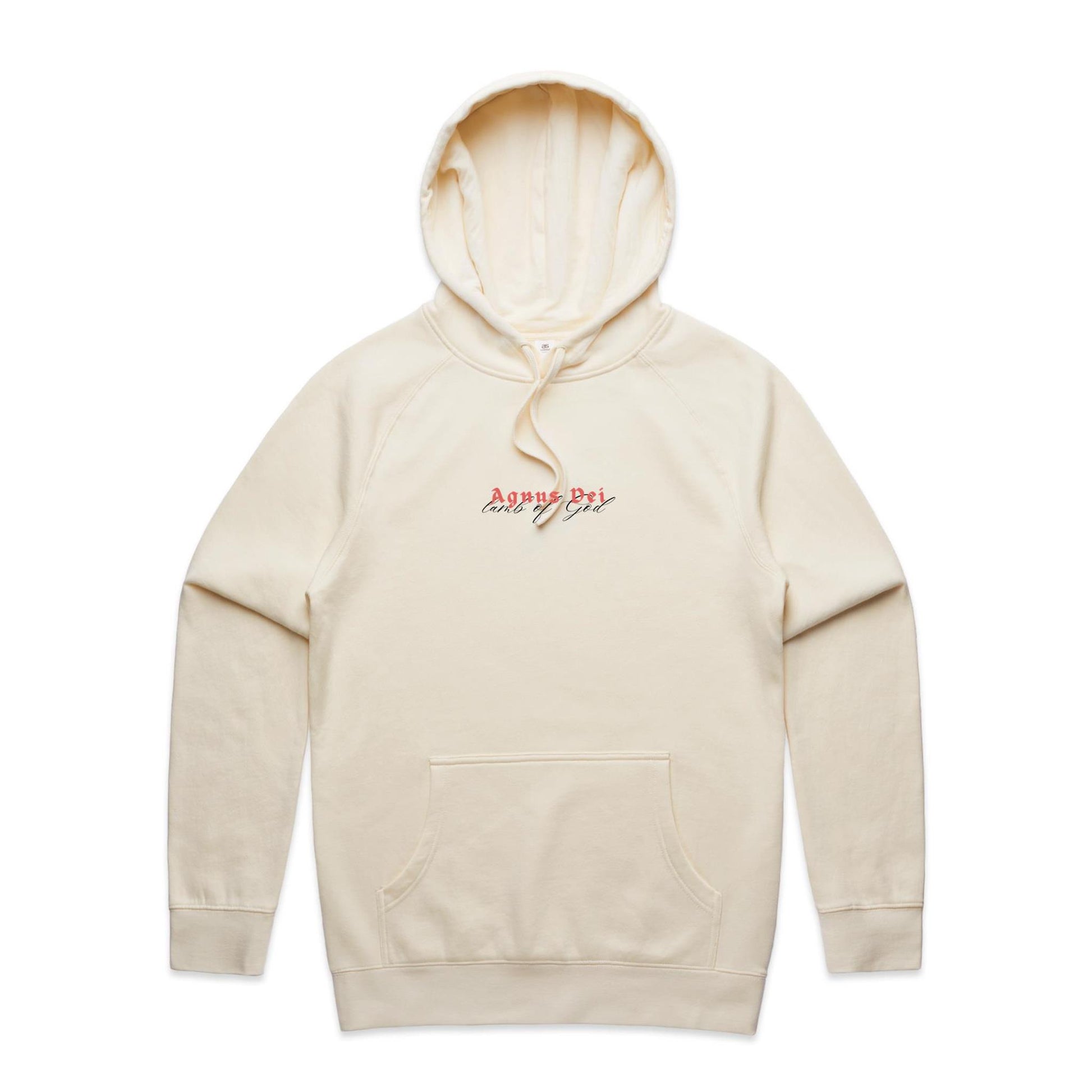Christian hoodie featuring “Agnus Dei” in bold red gothic lettering, with “Lamb of God” in elegant black script beneath. A faith-based design by Lighthouse Christian Clothing, honoring Christ's sacrifice as the Lamb who takes away the sins of the world.