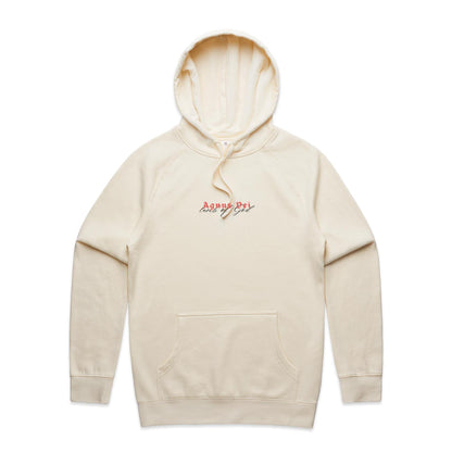 Christian hoodie featuring “Agnus Dei” in bold red gothic lettering, with “Lamb of God” in elegant black script beneath. A faith-based design by Lighthouse Christian Clothing, honoring Christ's sacrifice as the Lamb who takes away the sins of the world.