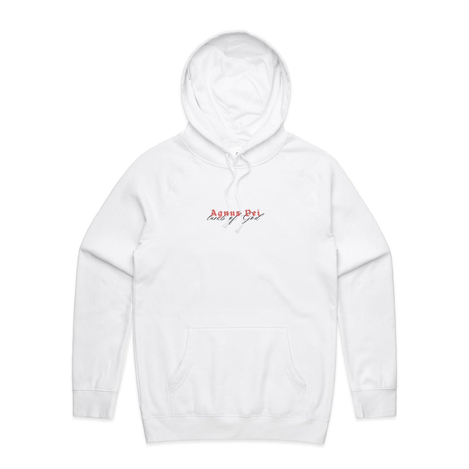 Christian hoodie featuring “Agnus Dei” in bold red gothic lettering, with “Lamb of God” in elegant black script beneath. A faith-based design by Lighthouse Christian Clothing, honoring Christ's sacrifice as the Lamb who takes away the sins of the world.