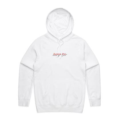 Christian hoodie featuring “Agnus Dei” in bold red gothic lettering, with “Lamb of God” in elegant black script beneath. A faith-based design by Lighthouse Christian Clothing, honoring Christ's sacrifice as the Lamb who takes away the sins of the world.