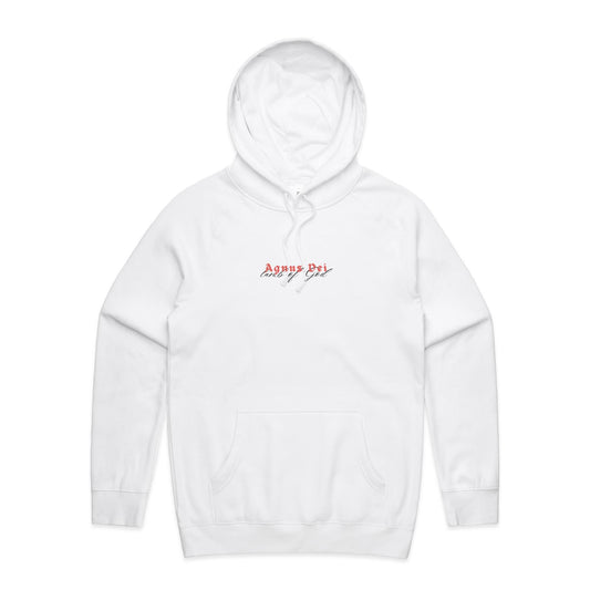Christian hoodie featuring “Agnus Dei” in bold red gothic lettering, with “Lamb of God” in elegant black script beneath. A faith-based design by Lighthouse Christian Clothing, honoring Christ's sacrifice as the Lamb who takes away the sins of the world.