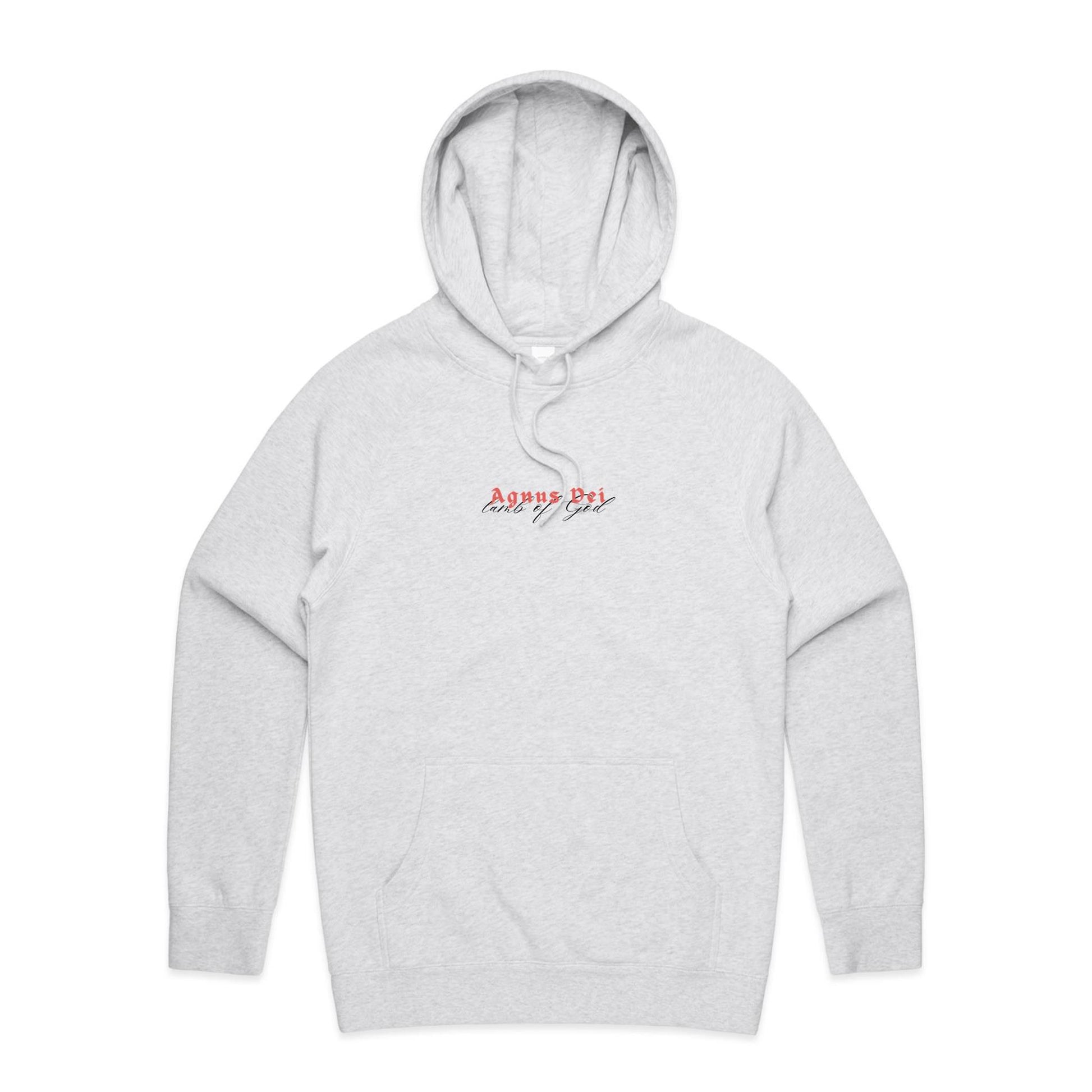 Christian hoodie featuring “Agnus Dei” in bold red gothic lettering, with “Lamb of God” in elegant black script beneath. A faith-based design by Lighthouse Christian Clothing, honoring Christ's sacrifice as the Lamb who takes away the sins of the world.