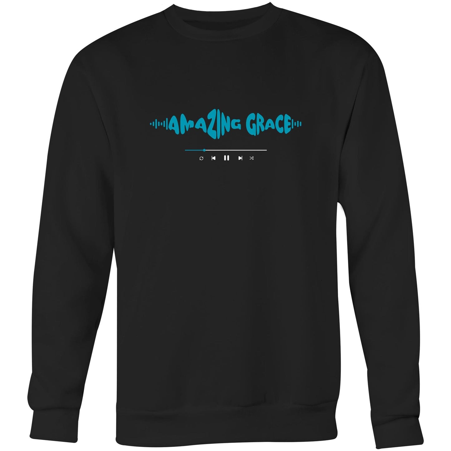 Black Christian crewneck sweatshirt with blue “AMAZING GRACE” text in a sound wave style and a music play bar printed beneath it on the chest.
