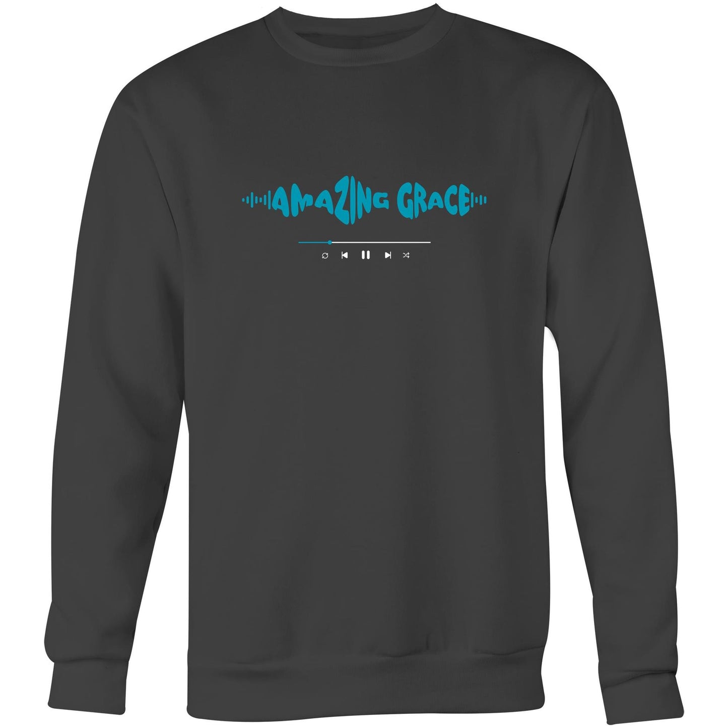 Coal Christian crewneck sweatshirt with blue “AMAZING GRACE” text in a sound wave style and a music play bar printed beneath it on the chest.