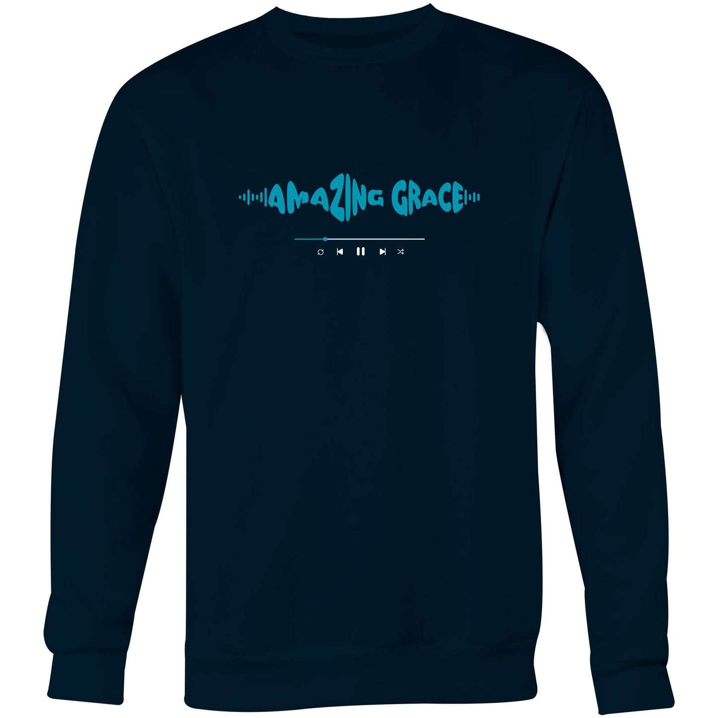 Navy Christian crewneck sweatshirt with blue “AMAZING GRACE” text in a sound wave style and a music play bar printed beneath it on the chest.