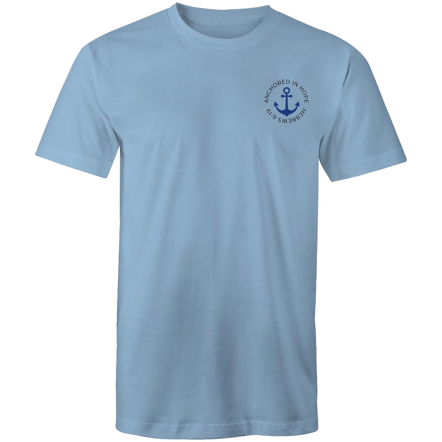 Christian t-shirt with left pocket print reading 'Anchored in Hope' and 'Hebrews 6:19' in black text, featuring a blue anchor illustration — faith-based encouragement apparel by Lighthouse Christian Clothing.