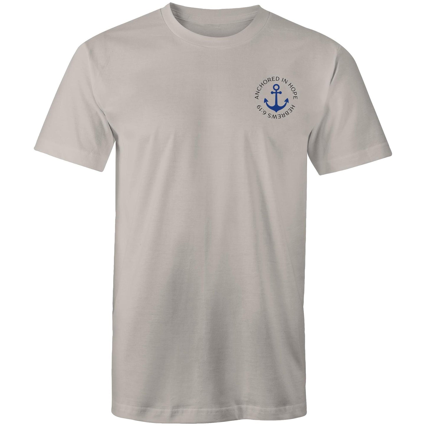 Christian t-shirt with left pocket print reading 'Anchored in Hope' and 'Hebrews 6:19' in black text, featuring a blue anchor illustration — faith-based encouragement apparel by Lighthouse Christian Clothing.