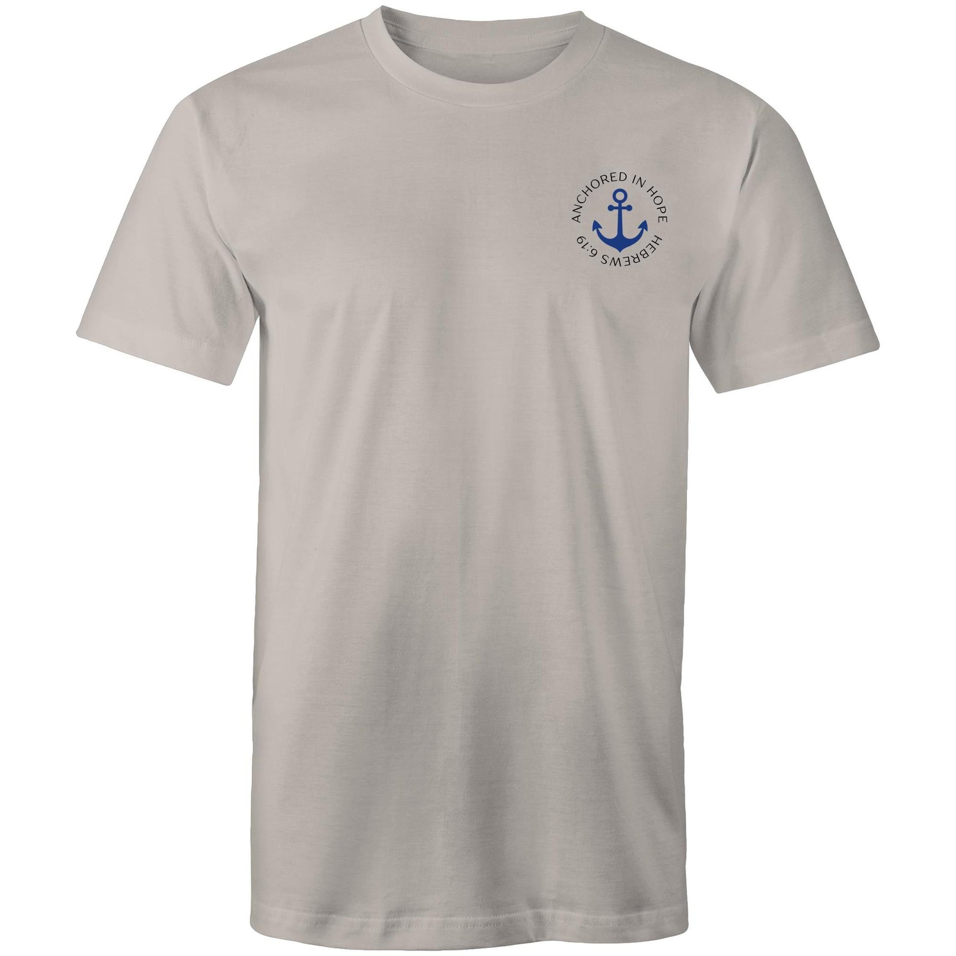 Christian t-shirt with left pocket print reading 'Anchored in Hope' and 'Hebrews 6:19' in black text, featuring a blue anchor illustration — faith-based encouragement apparel by Lighthouse Christian Clothing.