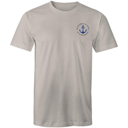 Christian t-shirt with left pocket print reading 'Anchored in Hope' and 'Hebrews 6:19' in black text, featuring a blue anchor illustration — faith-based encouragement apparel by Lighthouse Christian Clothing.