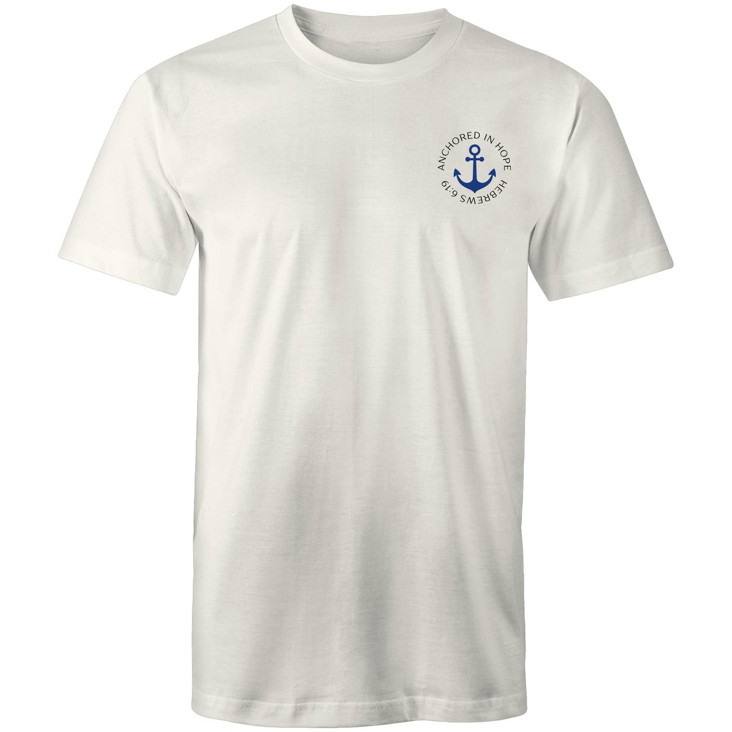 Christian t-shirt with left pocket print reading 'Anchored in Hope' and 'Hebrews 6:19' in black text, featuring a blue anchor illustration — faith-based encouragement apparel by Lighthouse Christian Clothing.