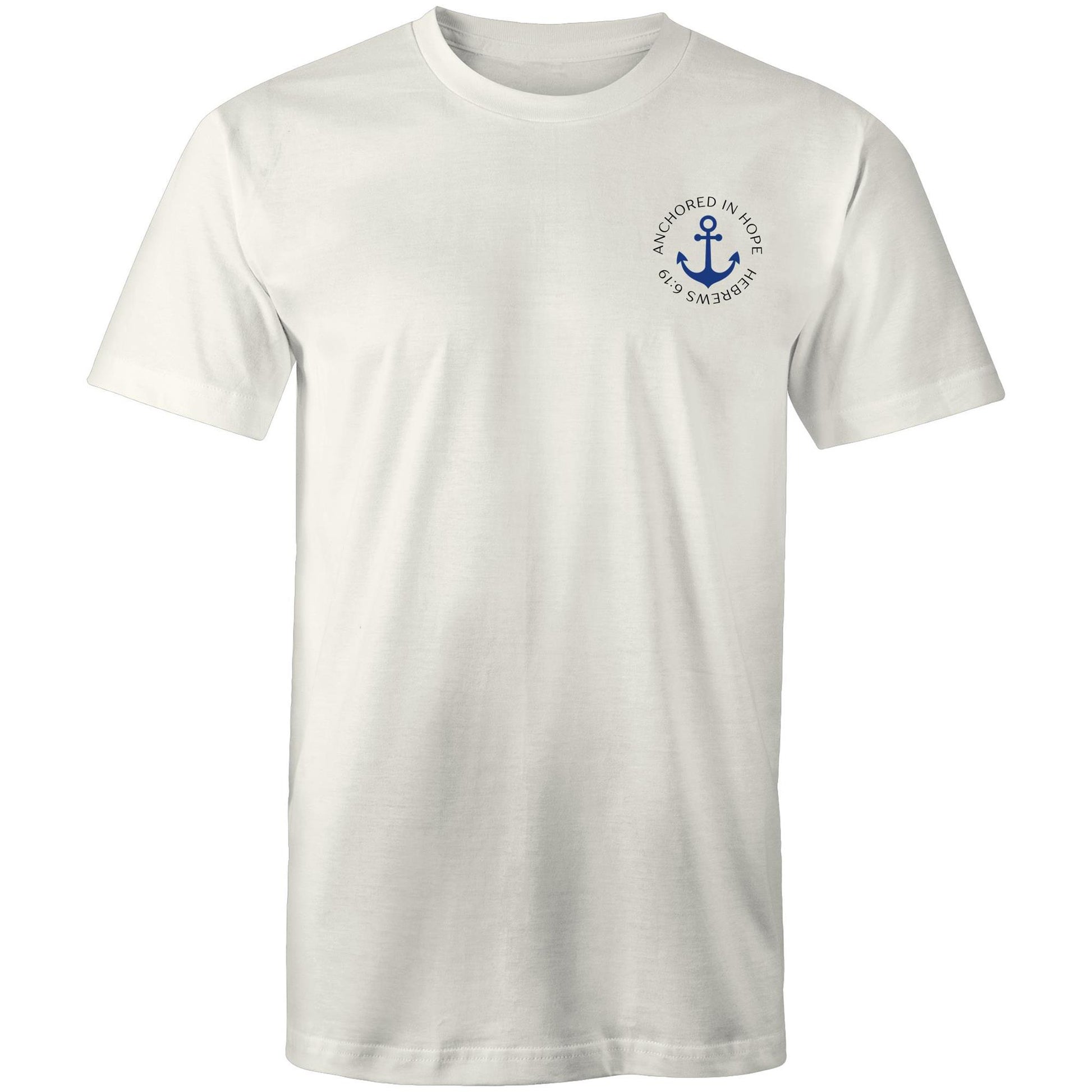 Christian t-shirt with left pocket print reading 'Anchored in Hope' and 'Hebrews 6:19' in black text, featuring a blue anchor illustration — faith-based encouragement apparel by Lighthouse Christian Clothing.