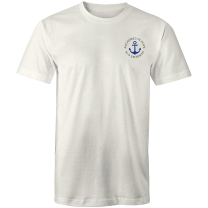 Christian t-shirt with left pocket print reading 'Anchored in Hope' and 'Hebrews 6:19' in black text, featuring a blue anchor illustration — faith-based encouragement apparel by Lighthouse Christian Clothing.