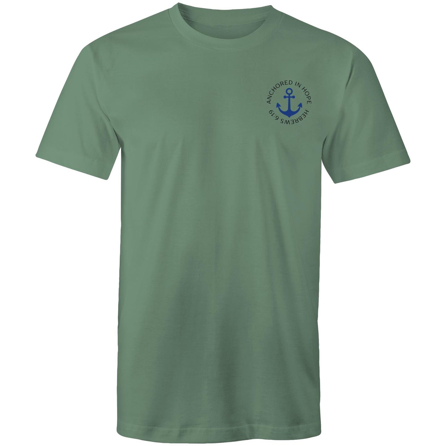 Christian t-shirt with left pocket print reading 'Anchored in Hope' and 'Hebrews 6:19' in black text, featuring a blue anchor illustration — faith-based encouragement apparel by Lighthouse Christian Clothing.