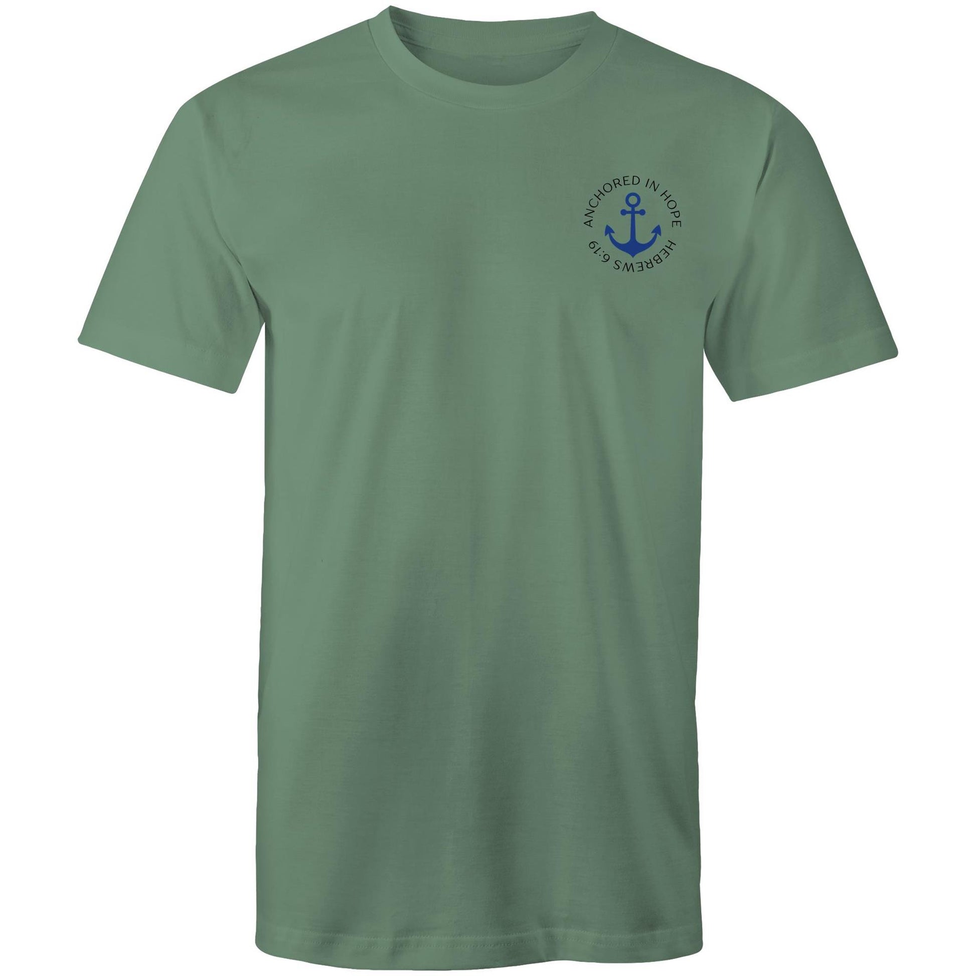 Christian t-shirt with left pocket print reading 'Anchored in Hope' and 'Hebrews 6:19' in black text, featuring a blue anchor illustration — faith-based encouragement apparel by Lighthouse Christian Clothing.
