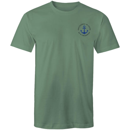 Christian t-shirt with left pocket print reading 'Anchored in Hope' and 'Hebrews 6:19' in black text, featuring a blue anchor illustration — faith-based encouragement apparel by Lighthouse Christian Clothing.