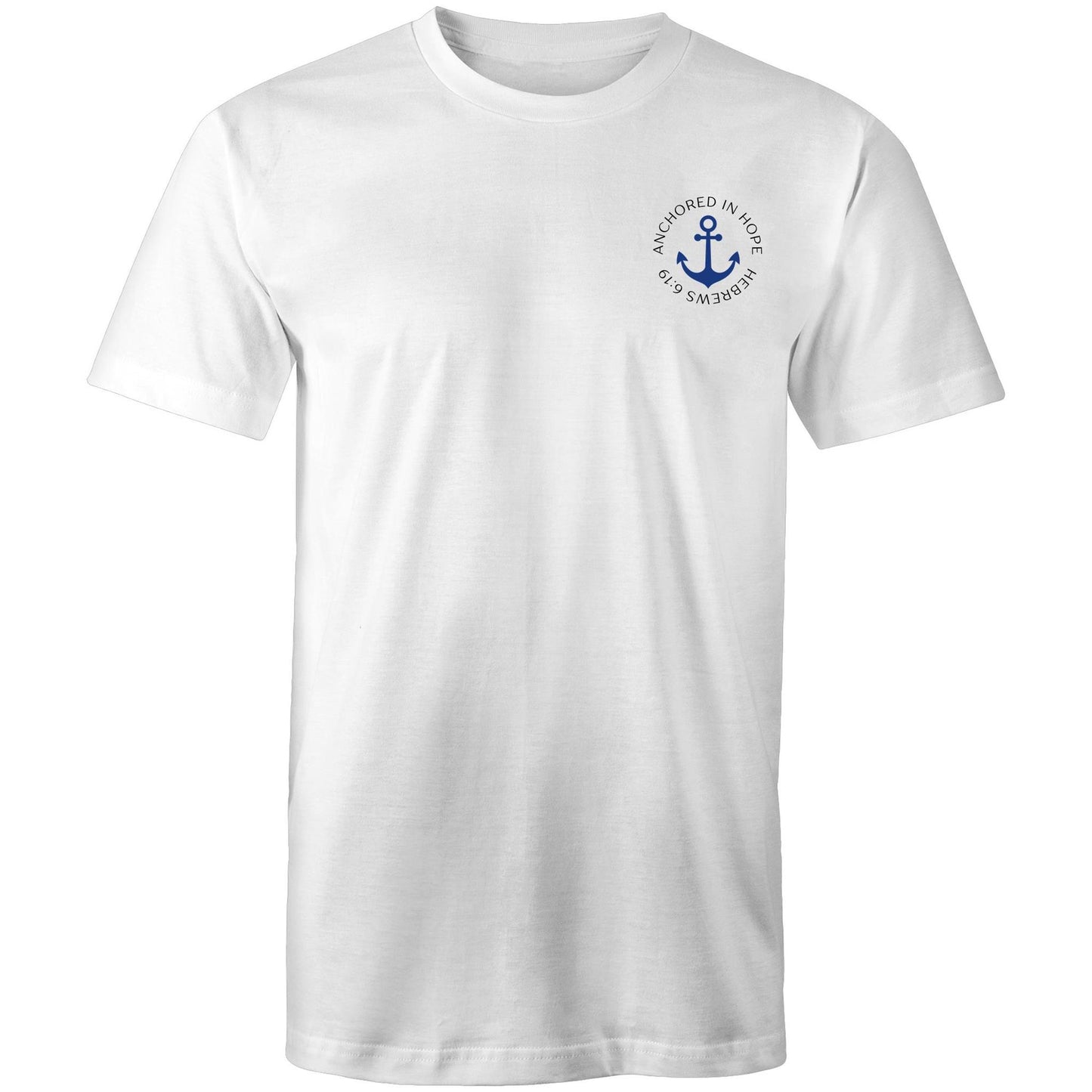 Christian t-shirt with left pocket print reading 'Anchored in Hope' and 'Hebrews 6:19' in black text, featuring a blue anchor illustration — faith-based encouragement apparel by Lighthouse Christian Clothing.