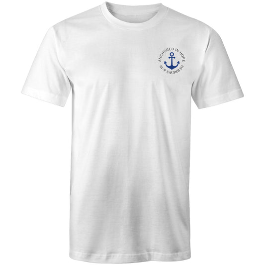 Christian t-shirt with left pocket print reading 'Anchored in Hope' and 'Hebrews 6:19' in black text, featuring a blue anchor illustration — faith-based encouragement apparel by Lighthouse Christian Clothing.