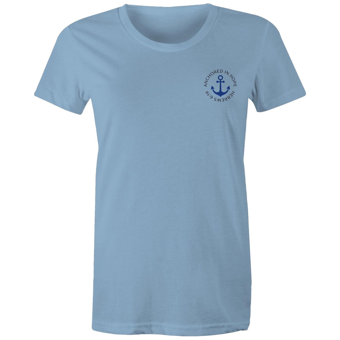 Christian t-shirt with left pocket print reading 'Anchored in Hope' and 'Hebrews 6:19' in black text, featuring a blue anchor illustration — faith-based encouragement apparel by Lighthouse Christian Clothing.