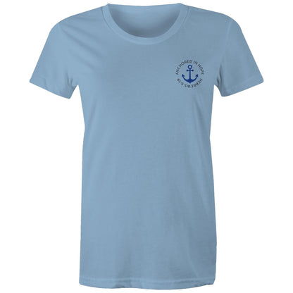 Christian t-shirt with left pocket print reading 'Anchored in Hope' and 'Hebrews 6:19' in black text, featuring a blue anchor illustration — faith-based encouragement apparel by Lighthouse Christian Clothing.